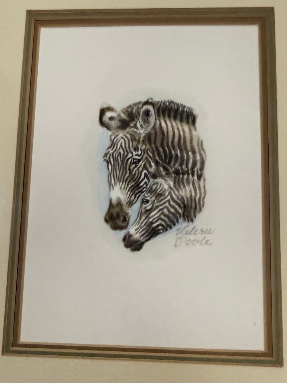 Valerire Poole  Framed Matted "Two Zebras" Watercolor Art Wildlife Jungle